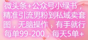 微头条+公众号小绿书,精准引流男粉到私域卖套图,无脑操作,有手就行,每单99-200,每天5单-金鼎聊项目