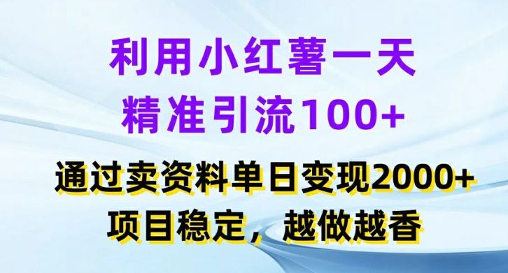 利用小红书一天精准引流100+，通过卖项目单日变现2k+，项目稳定，越做越香【揭秘】-金鼎聊项目