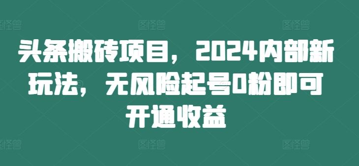 头条搬砖项目，2024内部新玩法，无风险起号0粉即可开通收益-金鼎聊项目
