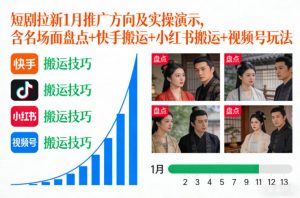 短剧拉新1月推广方向及实操演示,含名场面盘点+快手搬运+小红书搬运+视频号玩法-金鼎聊项目