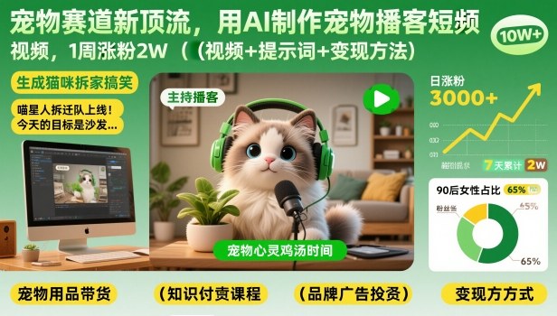 宠物赛道新顶流，用AI制作宠物播客短视频，1周涨粉2W(视频+提示词+变现方法)-金鼎聊项目