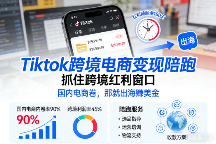 Tiktok跨境电商变现陪跑，抓住跨境红利窗口，国内电商卷，那就出海賺美金-金鼎聊项目