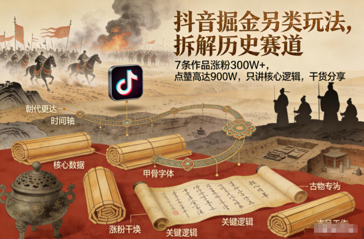 抖音掘金另类玩法，拆解历史赛道，7条作品涨粉300W+，点赞量高达900W，只讲核心逻辑，干货分享-金鼎聊项目