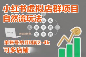 小红书虚拟店群项目，自然流玩法，批量自动化，稳定不费号，单账号的月利润2-4k，可多店矩阵-金鼎聊项目