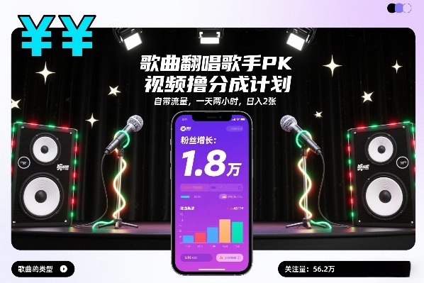 歌曲翻唱歌手PK视频撸分成计划，自带流量，一天两小时，日入2张-金鼎聊项目
