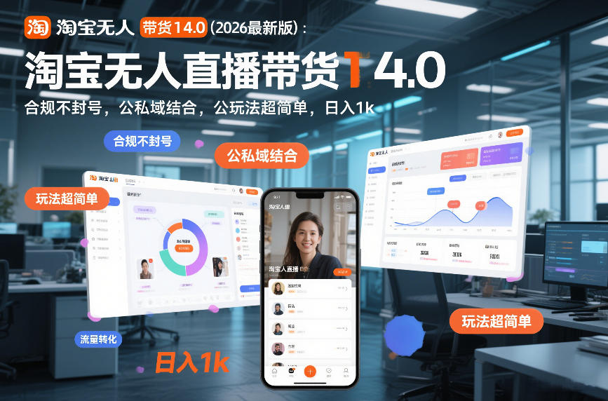 淘宝无人直播带货14.0(2026最新版)：合规不封号，公私域结合，玩法超简单，日入1k+【揭秘】-金鼎聊项目