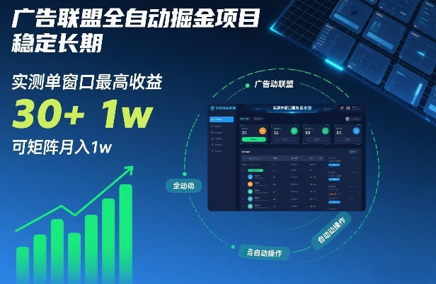 广告联盟全自动掘金项目，稳定长期，实测单窗口最高收益30+，可矩阵月入1w+【揭秘】-金鼎聊项目