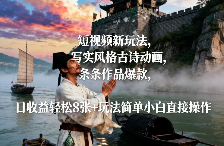 短视频新玩法，写实风格古诗动画，条条作品爆款，日收益轻松8张+玩法简单小白直接操作-金鼎聊项目