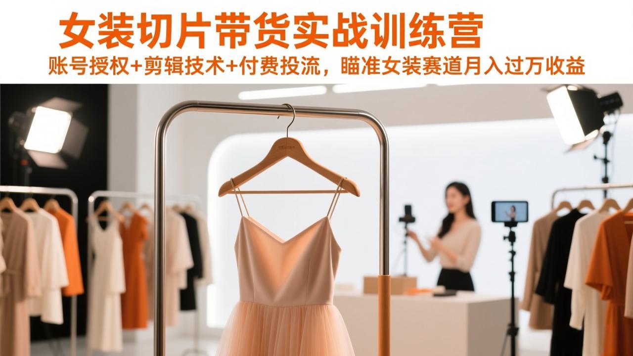 女装切片带货实战训练营，账号授权+剪辑技术+付费投流，瞄准女装赛道月入过万收益-金鼎聊项目