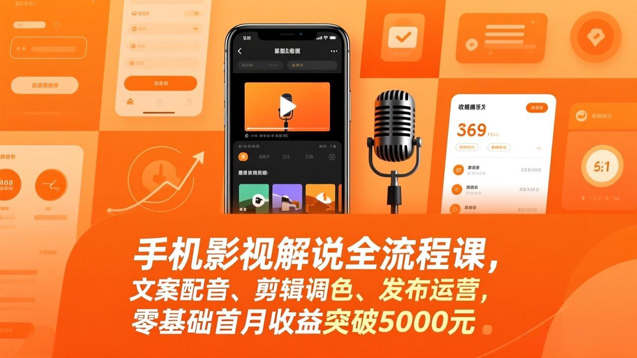 手机影视解说全流程课，文案配音、剪辑调色、发布运营，零基础首月收益突破5000元-金鼎聊项目