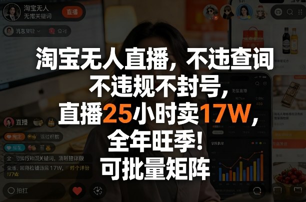 淘宝无人直播，不违规不封号，直播25小时卖17W，全年旺季！可批量矩阵【揭秘】-金鼎聊项目