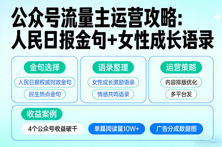 利用人民日报金句+女性成长语录做公众号流量主，4个公众号收益破千-金鼎聊项目