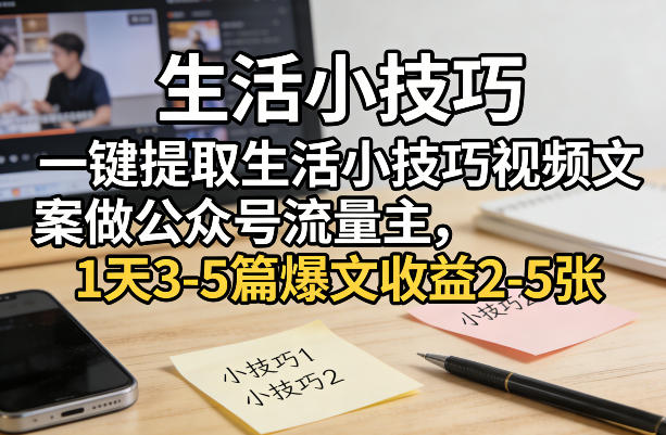 一键提取生活小技巧视频文案做公众号流量主，1天3-5篇爆文收益2-5张-金鼎聊项目