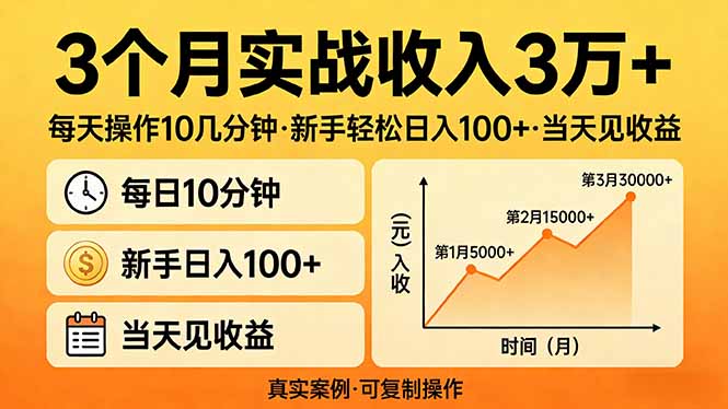 3个月实战收入3万+，每天操作10几分钟，新手轻松日入100+，当天见收益-金鼎聊项目