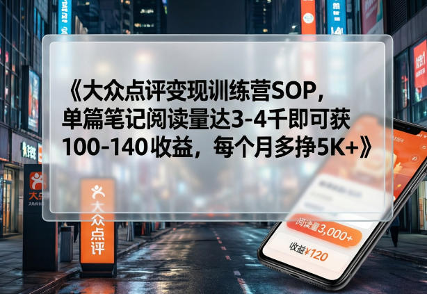 大众点评变现训练营SOP，单篇笔记阅读量达3-4千即可获100-140收益，每个月多挣5K+-金鼎聊项目