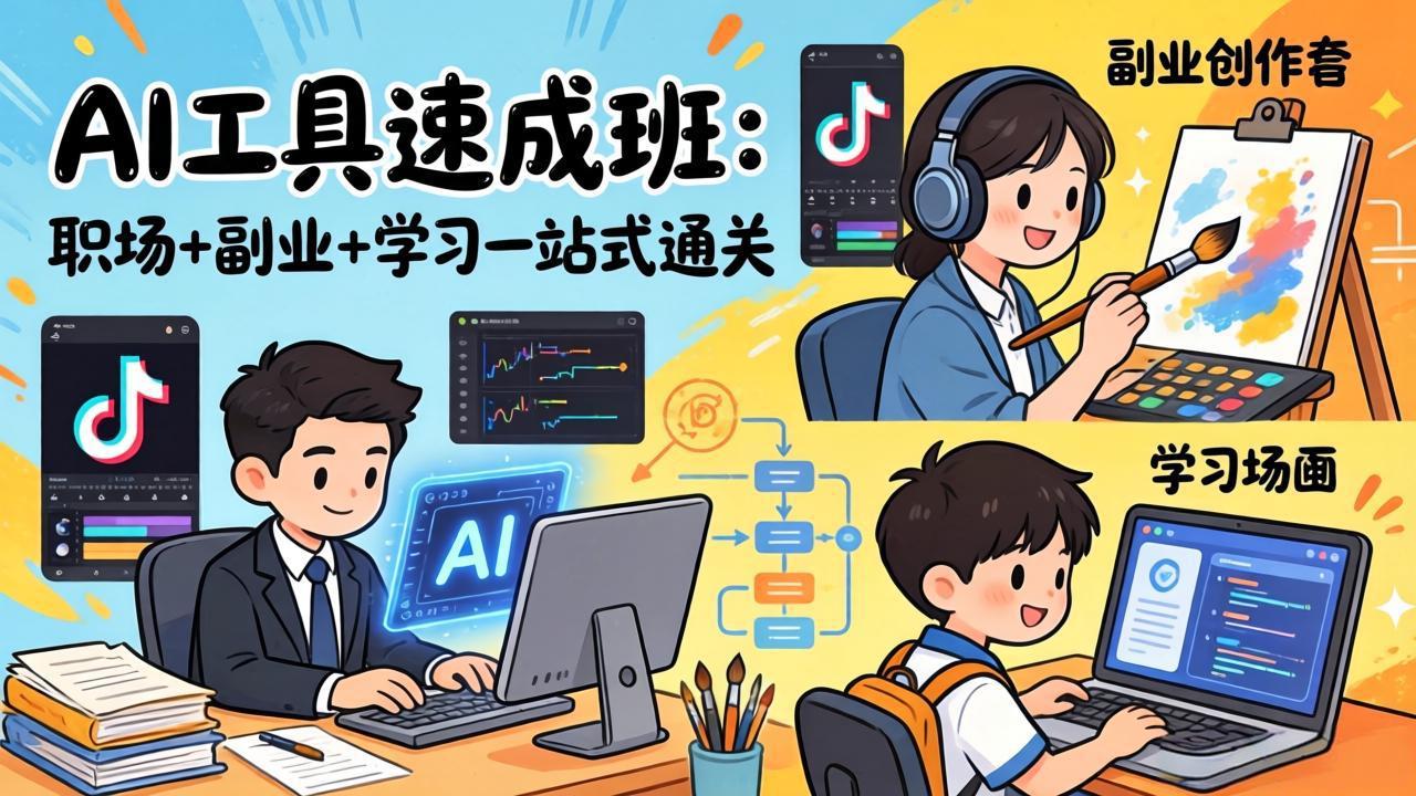 AI工具速成班：职场+副业+学习一站式通关，20+爆款类型+剪映技巧+抖音算法，0基础快速上手-金鼎聊项目