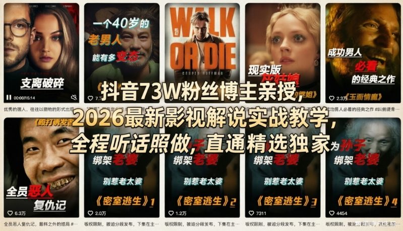 抖音73W粉丝博主亲授，2026最新影视解说实战教学，全程听话照做，直通精选独家-金鼎聊项目