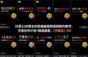 抖音31W博主的思维破局短视频制作教学，可进伙伴计划+精选独家，7天收益1.8W-金鼎聊项目