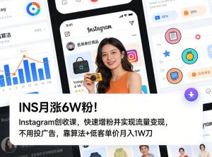 INS月涨6W粉！Instagram创收课，快速增粉并实现流量变现，不用用投广告，靠算法+低客单价月入1W刀-金鼎聊项目
