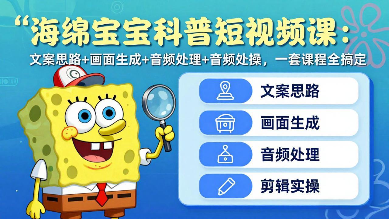 海绵宝宝科普短视频课：文案思路+画面生成+音频处理+剪辑实操，一套课程全搞定-金鼎聊项目