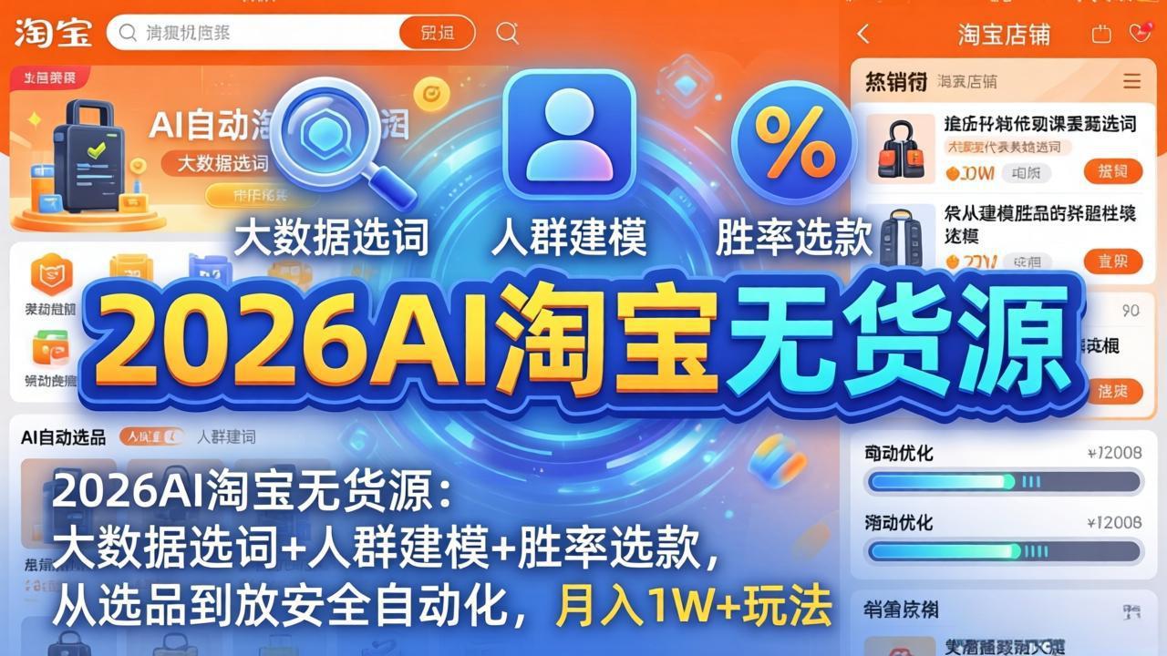 2026AI淘宝无货源：大数据选词+人群建模+胜率选款，从选品到放大全自动化，月入1W+玩法-金鼎聊项目