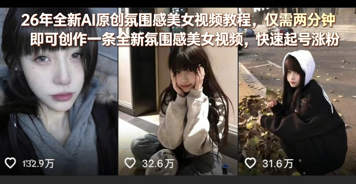 26年全新AI原创氛围感美女视频教程，仅需两分钟即可创作一条全新氛围感美女视频，快速起号涨粉-金鼎聊项目