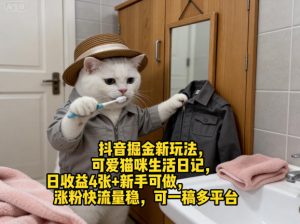 抖音掘金新玩法，可爱猫咪生活日记，日收益4张+新手可做，涨粉快流量稳，可一稿多平台-金鼎聊项目