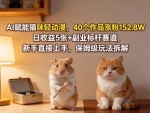 AI赋能猫咪轻动漫，40个作品涨粉152.8W，日收益5张+副业标杆赛道，新手直接上手，保姆级玩法拆解-金鼎聊项目