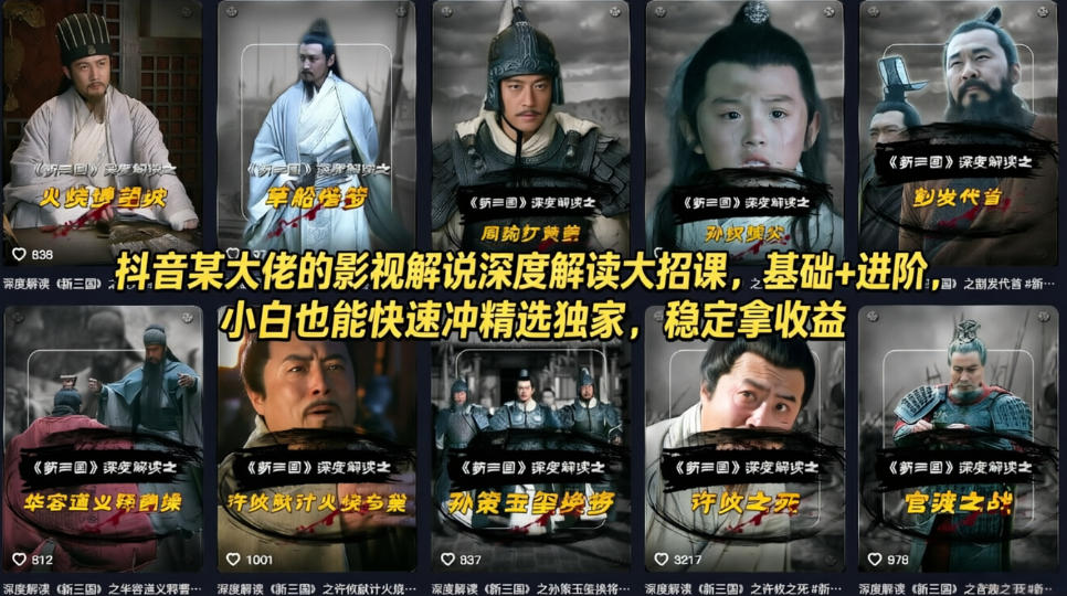 抖音某大佬的影视解说深度解读大招课，基础+进阶，小白也能快速冲精选独家，稳定拿收益-金鼎聊项目
