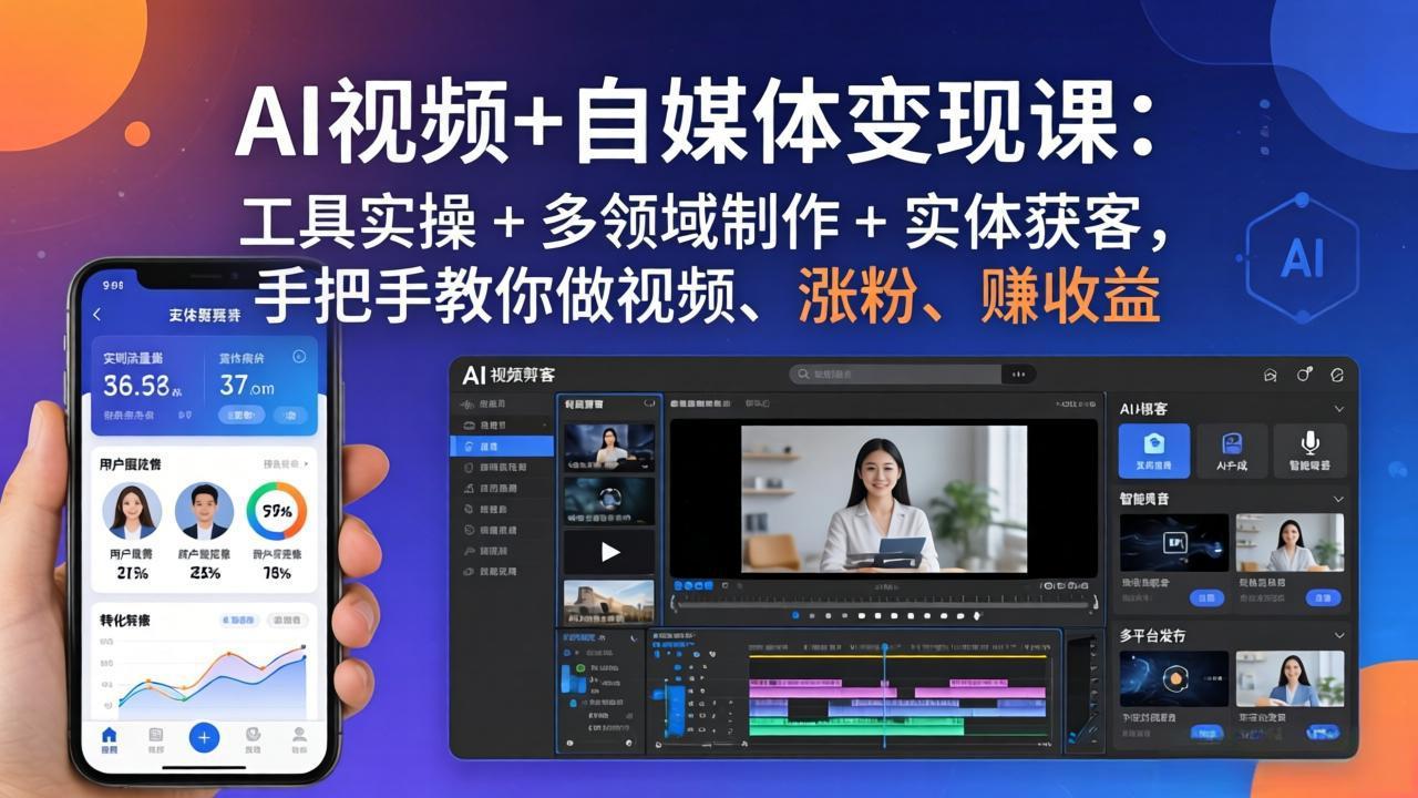 AI视频+自媒体变现课：工具实操 + 多领域制作 + 实体获客，手把手教你做视频、涨粉、赚收益-金鼎聊项目