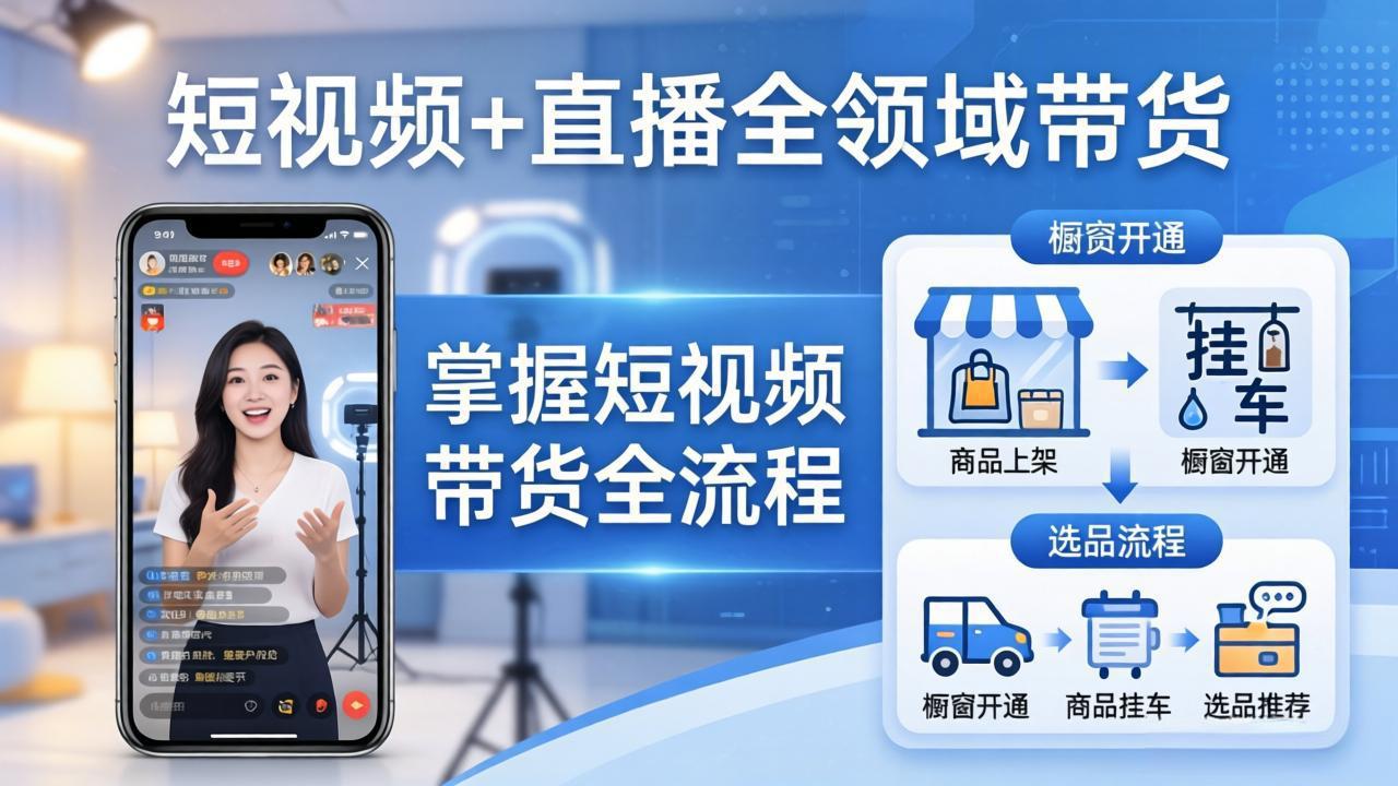 短视频+直播全领域带货-更新：掌握橱窗开通、挂车、选品、爆款文案改编等短视频带货全流程-金鼎聊项目