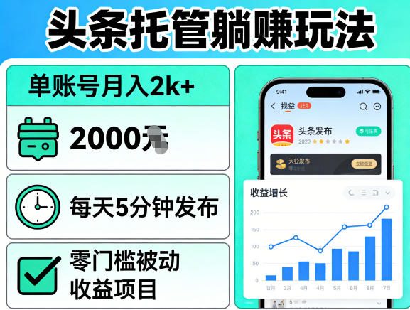 头条托管躺賺玩法，单账号月入2k+，每天5分钟发布即可，零门槛被动收益项目【揭秘】-金鼎聊项目