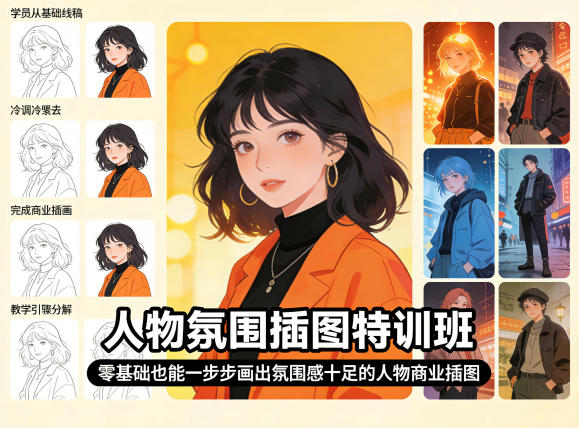 人物氛围插图特训班，零基础也能一步步画出氛围感十足的人物商业插图-金鼎聊项目