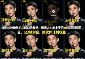 抖音10W粉丝的AI脱口秀教学，普通人也能上手的AI短视频项目，5分钟学会，撸伙伴计划收益-金鼎聊项目