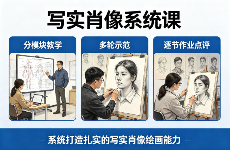 写实肖像系统课，全程分模块教学+多轮示范+逐节作业点评，系统打造扎实的写实肖像绘画能力-金鼎聊项目