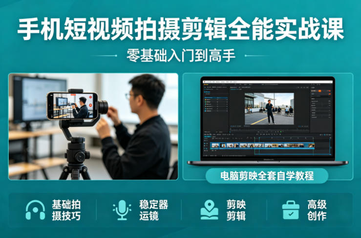 手机短视频拍摄剪辑全能实战课：零基础入门到高手，稳定器运镜+电脑剪映全套自学教程-金鼎聊项目