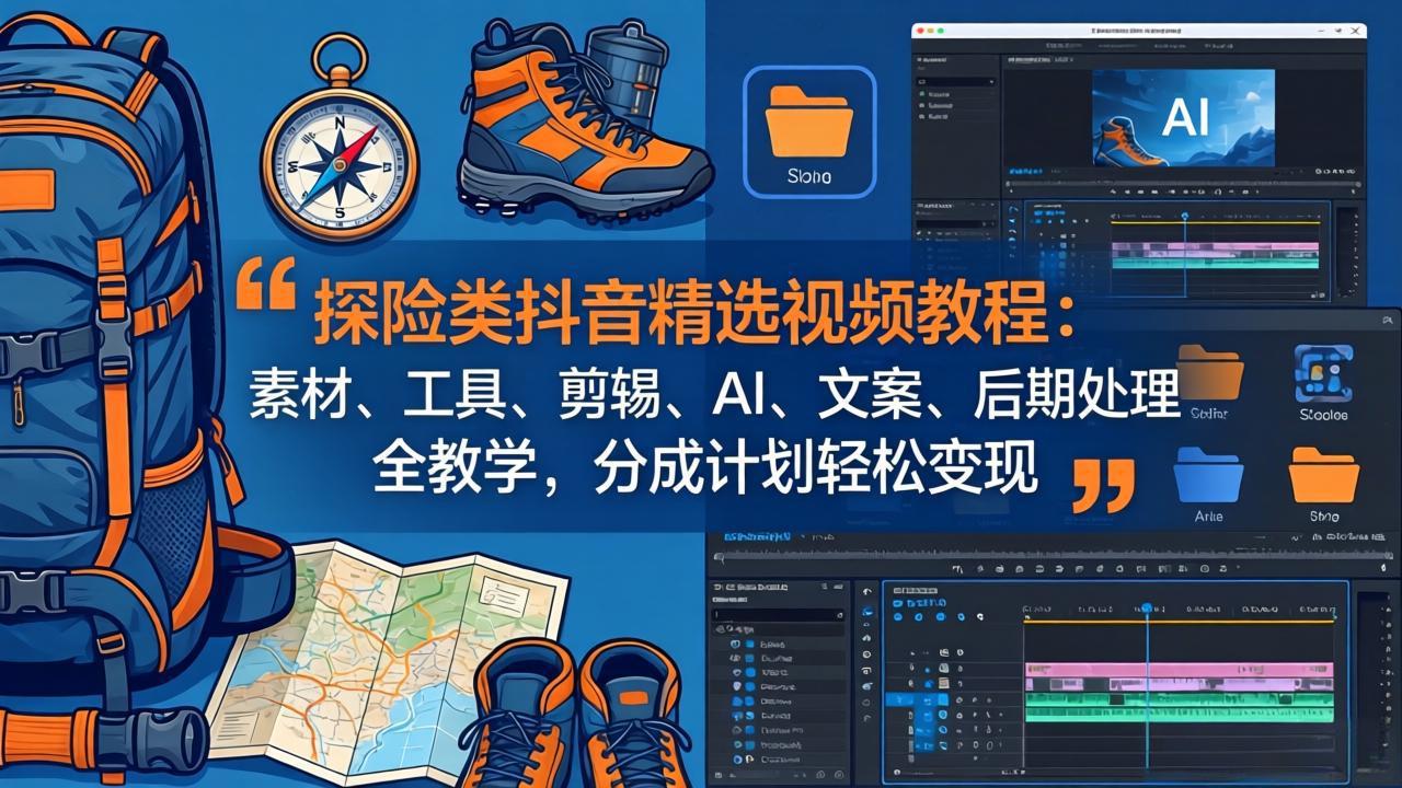 探险类抖音精选视频教程：素材、工具、剪辑、AI、文案、后期处理全教学，分成计划轻松变现-金鼎聊项目