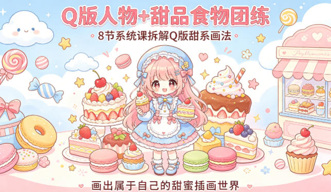 Q版人物+甜品食物团练，8节系统课拆解Q版甜系画法，画出属于自己的甜蜜插画世界-金鼎聊项目