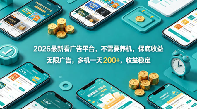 2026最新看广告平台，不需要养机，保底收益，无限广告，多机一天200+，收益稳定【揭秘】-金鼎聊项目