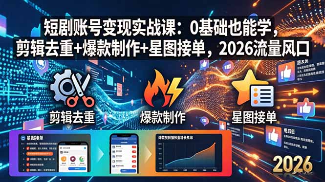 短剧账号变现实战课：0基础也能学，剪辑去重+爆款制作+星图接单，2026流量风口-金鼎聊项目