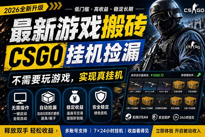 最新游戏搬砖，CSGO纯挂机，不需要玩游戏，实现真挂机，月入1W+，五一小高峰上车可吃肉，…-金鼎聊项目