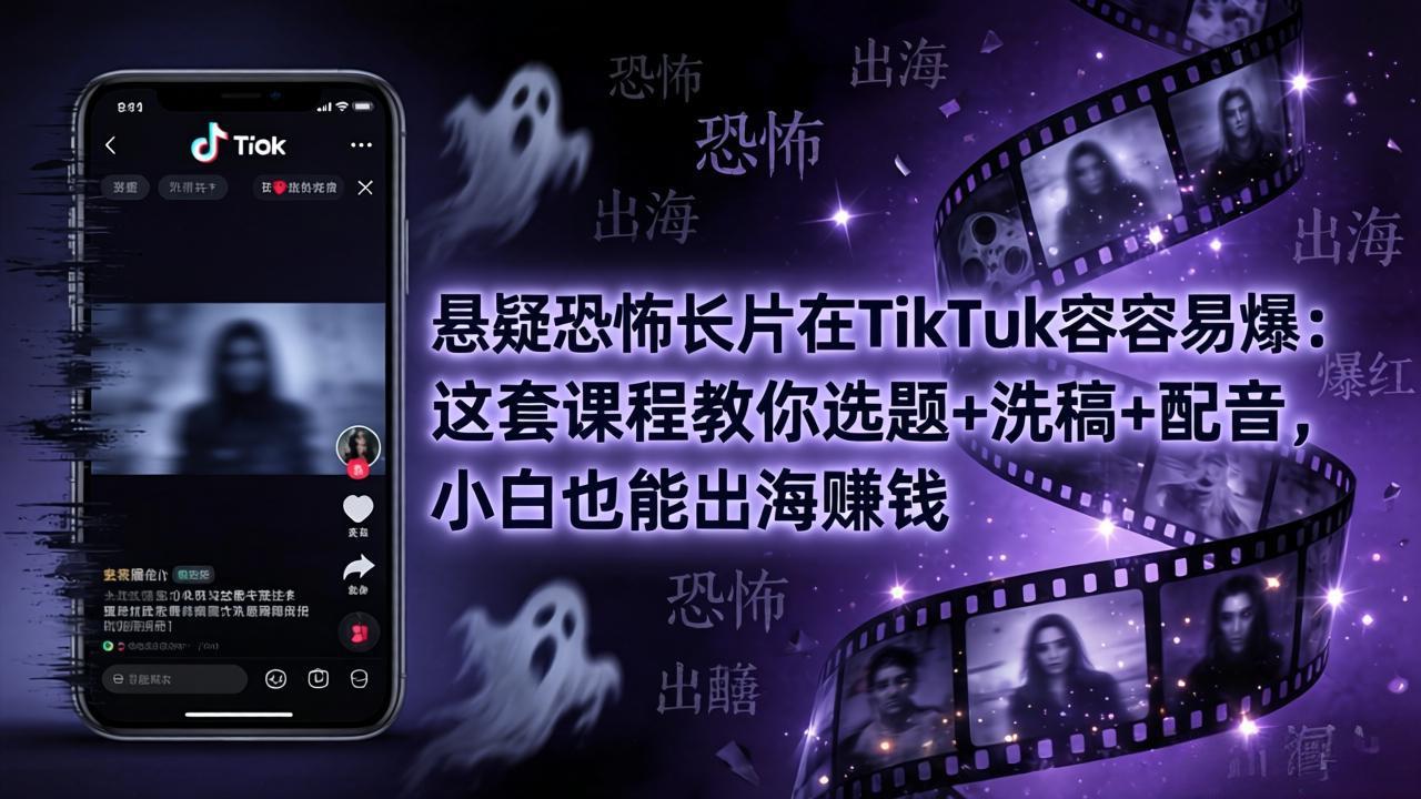 悬疑恐怖长片在TikTok最容易爆：这套课程教你选题+洗稿+配音，小白也能出海赚钱-金鼎聊项目