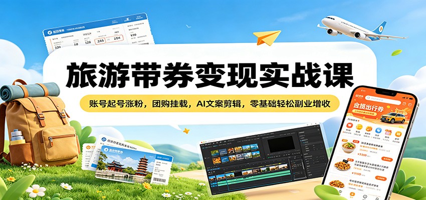 旅游带券变现实战课：账号起号涨粉，团购挂载，AI文案剪辑，零基础轻松副业增收-金鼎聊项目