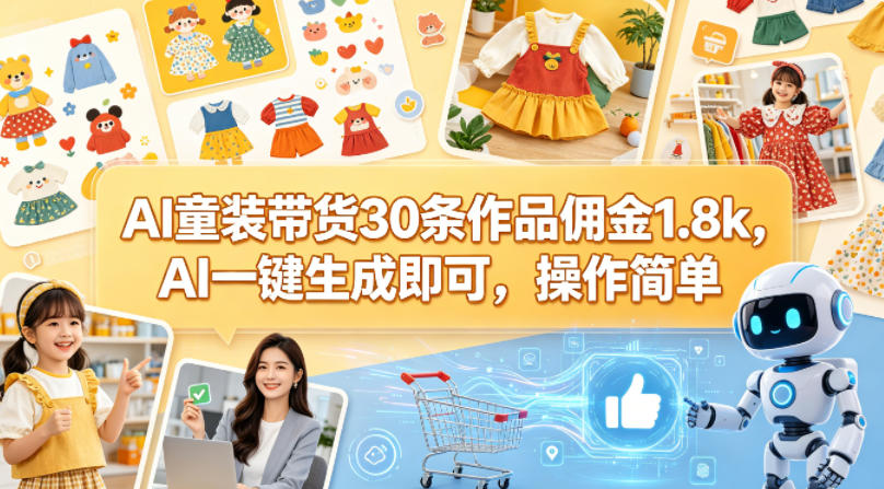 AI童装带货30条作品佣金1.8k，AI一键生成即可，操作简单-金鼎聊项目