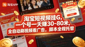 淘宝短视频挂G，一个号一天 賺30-80米，全自动刷视频看广告，脚本全程托管【揭秘】-金鼎聊项目
