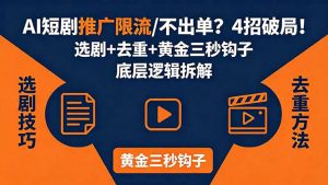 AI短剧推广总被限流、不出单？4招选剧+去重技巧+黄金三秒钩子，手把手拆解底层逻辑-金鼎聊项目