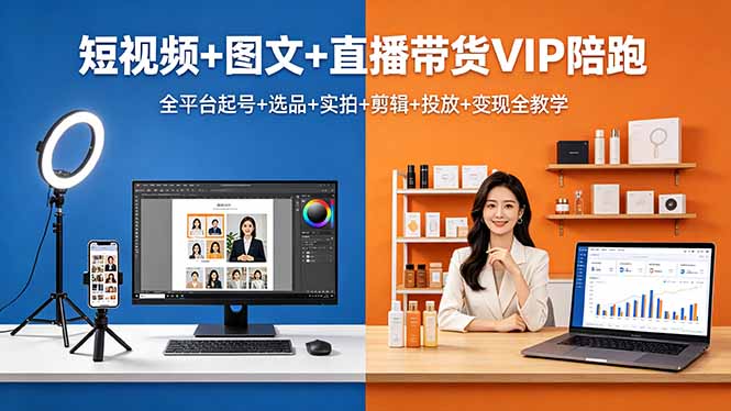 短视频+图文+直播带货VIP陪跑，全平台起号+选品+实拍+剪辑+投放+变现全教学-金鼎聊项目
