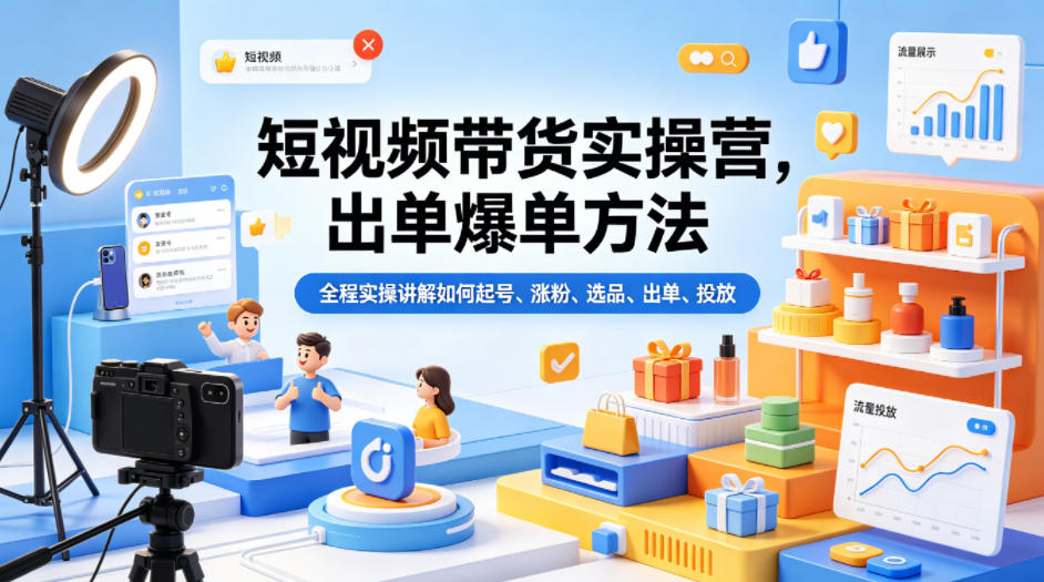 短视频带货实操营，出单爆单方法，全程实操讲解如何起号、涨粉、选品、出单、投放-金鼎聊项目