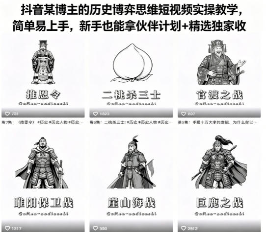 抖音某博主的历史博弈思维短视频实操教学，简单易上手，新手也能拿伙伴计划+精选独家收益-金鼎聊项目