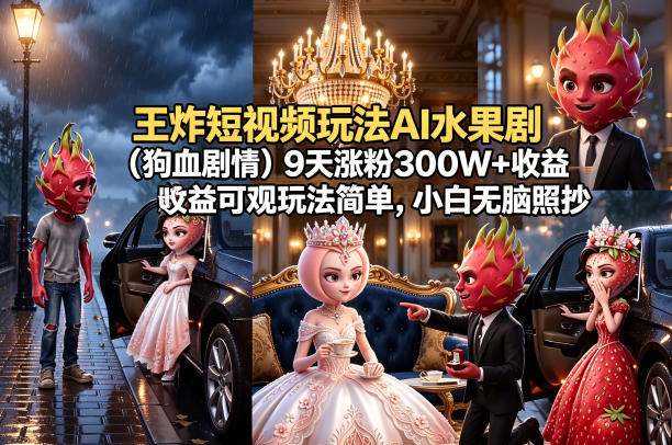 王炸短视频玩法AI水果剧(狗血剧情)9天涨粉300W+收益可观玩法简单，小白无脑照抄，详细拆解玩法-金鼎聊项目